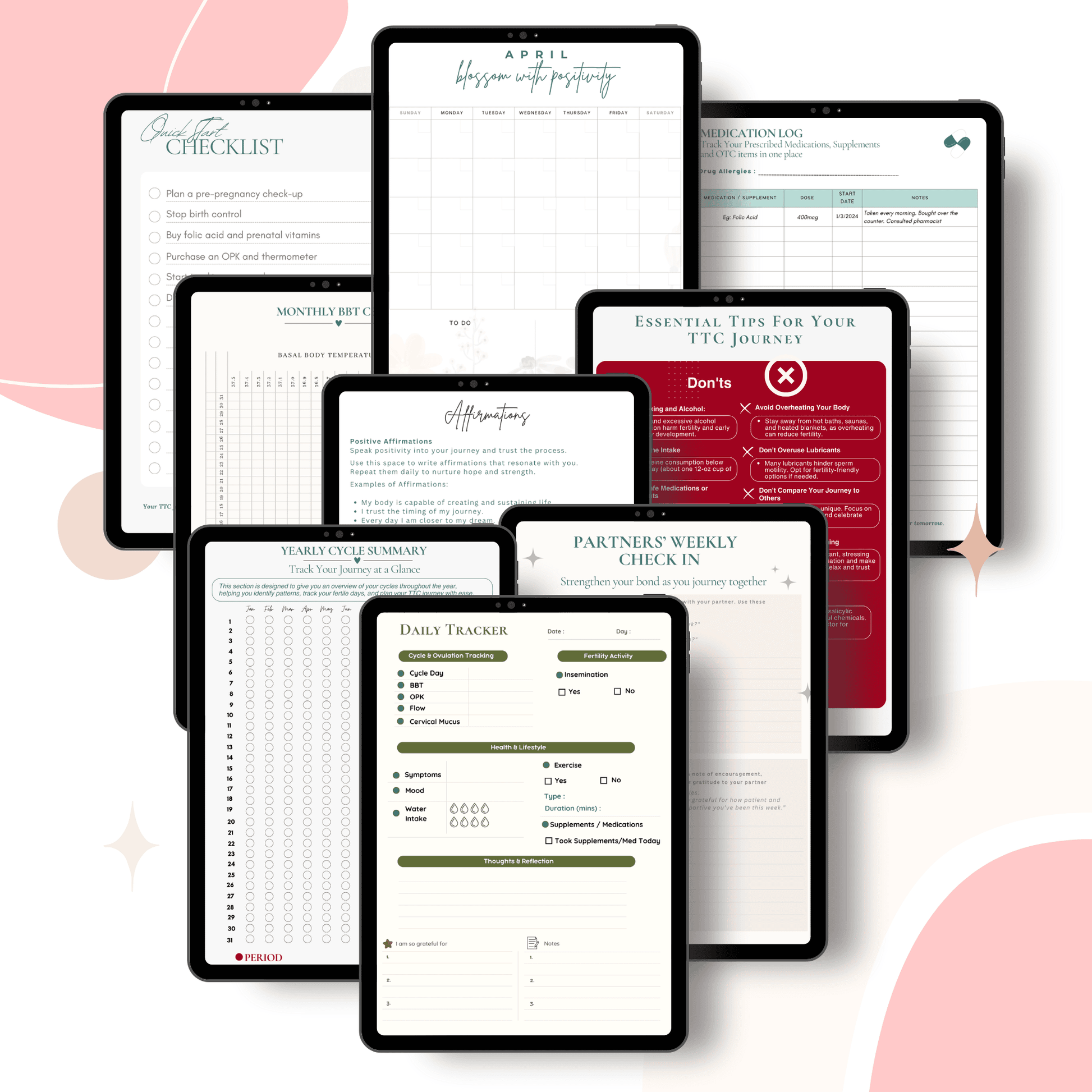 Collage of sample pages from the Tiny Dreams TTC Planner, showcasing features like a quick start checklist, monthly BBT chart, affirmations, medication log, essential TTC tips, daily tracker, partner's weekly check-in, and yearly cycle summary. Displayed on tablets with a clean, modern layout.