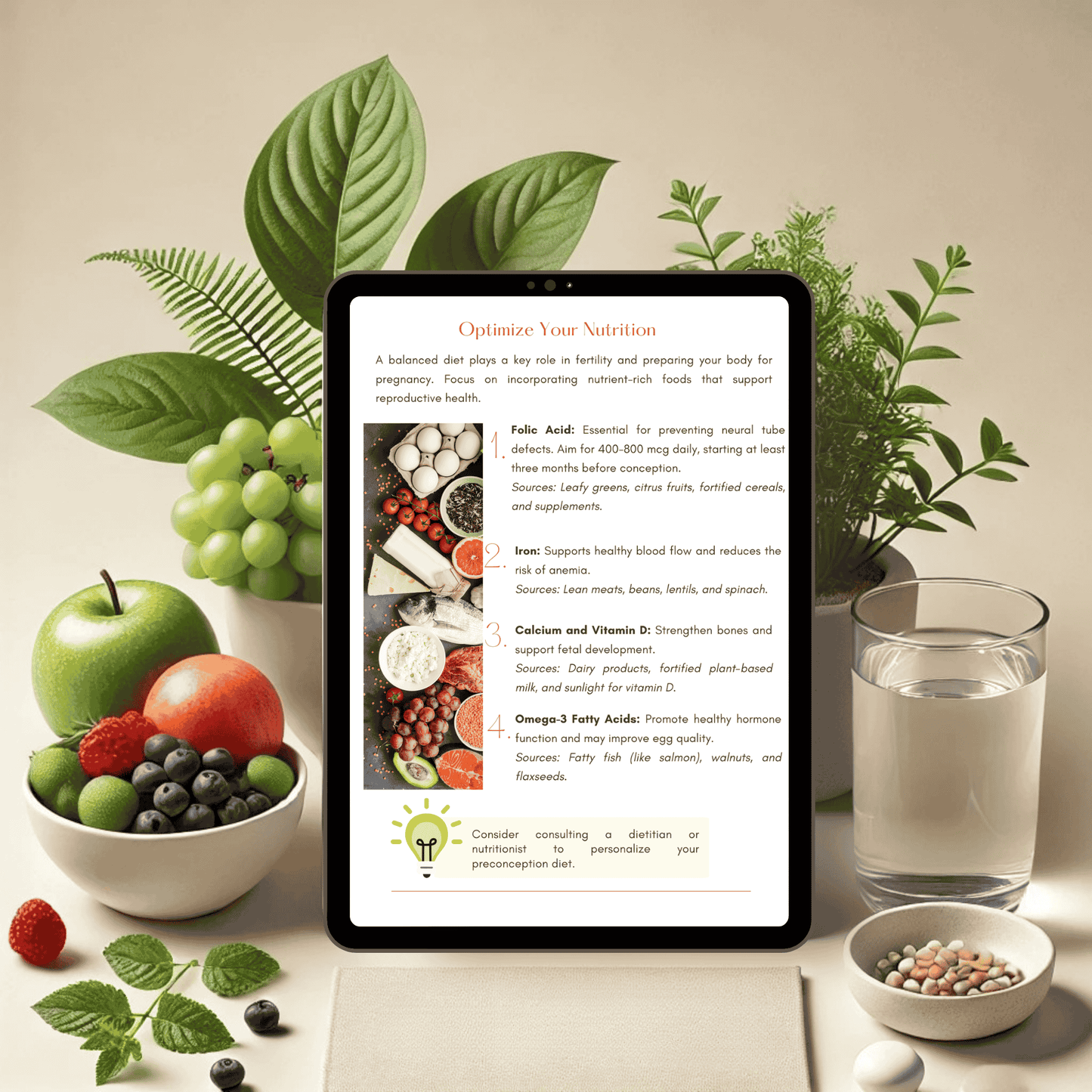 Tablet displaying a page from The ABC’s of Pregnancy Planning ebook titled 'Optimize Your Nutrition,' featuring a list of essential nutrients like folic acid, iron, calcium, and omega-3 fatty acids, surrounded by fresh fruits, vegetables, and supplements.