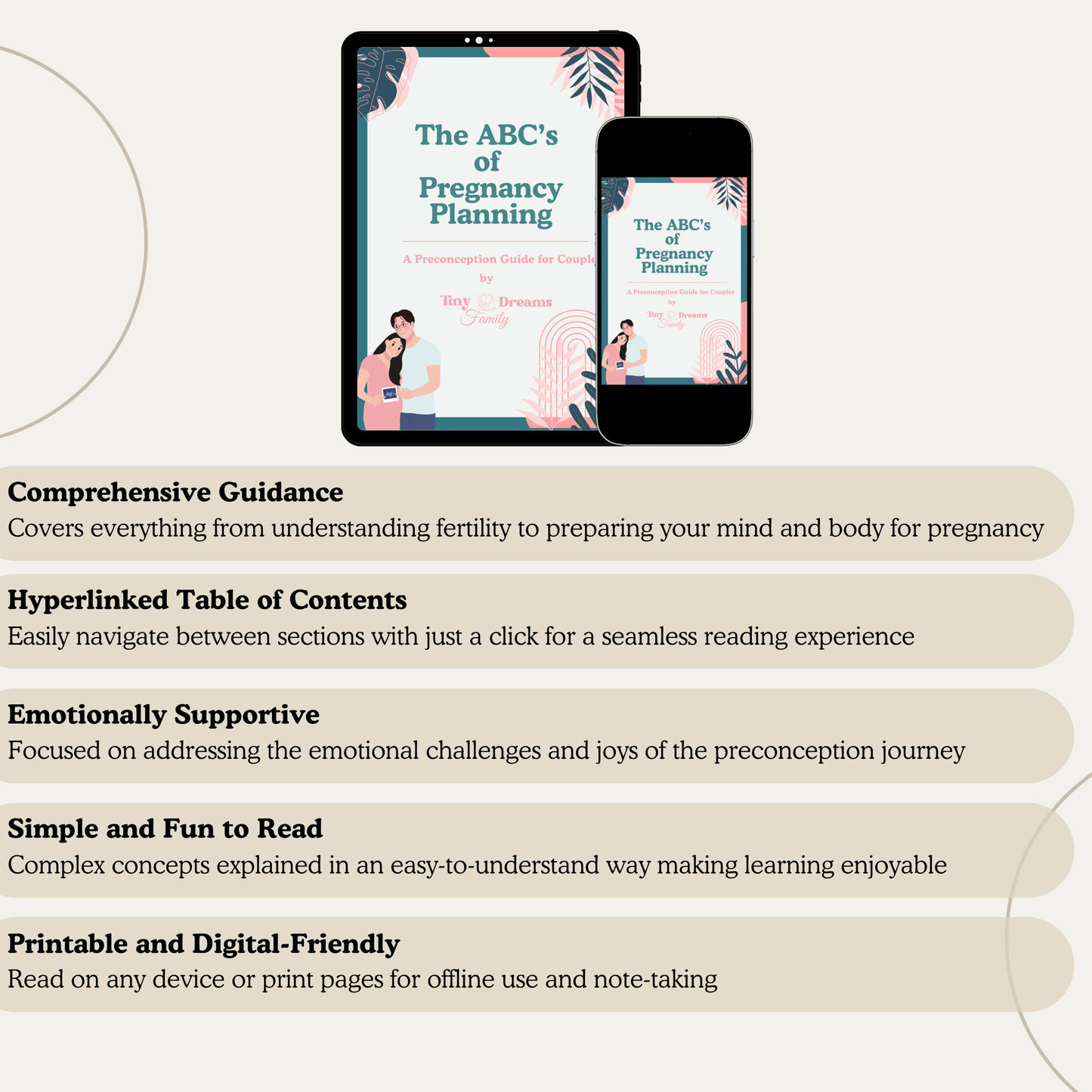 The ABC’s of Pregnancy Planning ebook displayed on a tablet and smartphone, with key features highlighted: Comprehensive Guidance, Hyperlinked Table of Contents, Emotional Support, Simple and Fun to Read, and Printable and Digital-Friendly.