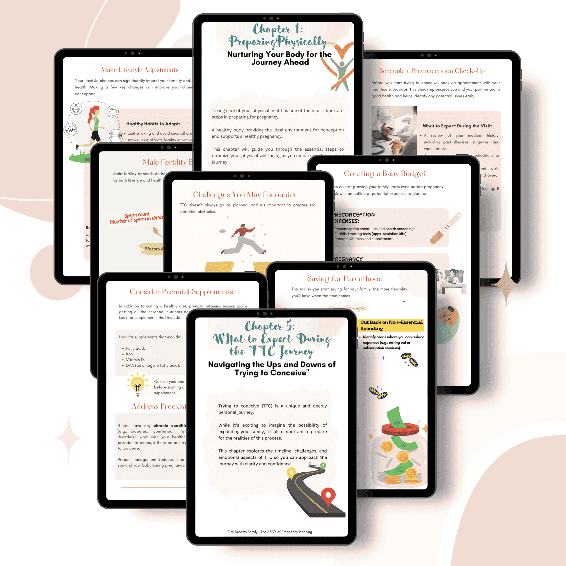 Collage of sample pages from The ABC’s of Pregnancy Planning ebook, featuring chapters on Preparing Physically, Creating a Baby Budget, Challenges You May Encounter, and What to Expect During the TTC Journey.