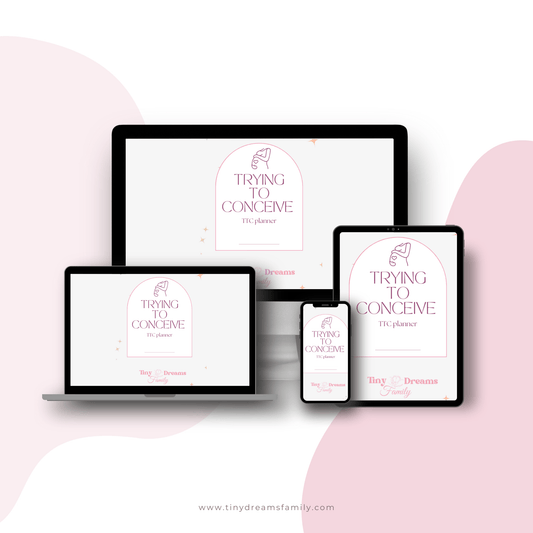 Digital display of the Trying to Conceive (TTC) Planner cover by Tiny Dreams Family, shown across multiple devices including a laptop, tablet, and smartphone, emphasizing its compatibility and digital accessibility.