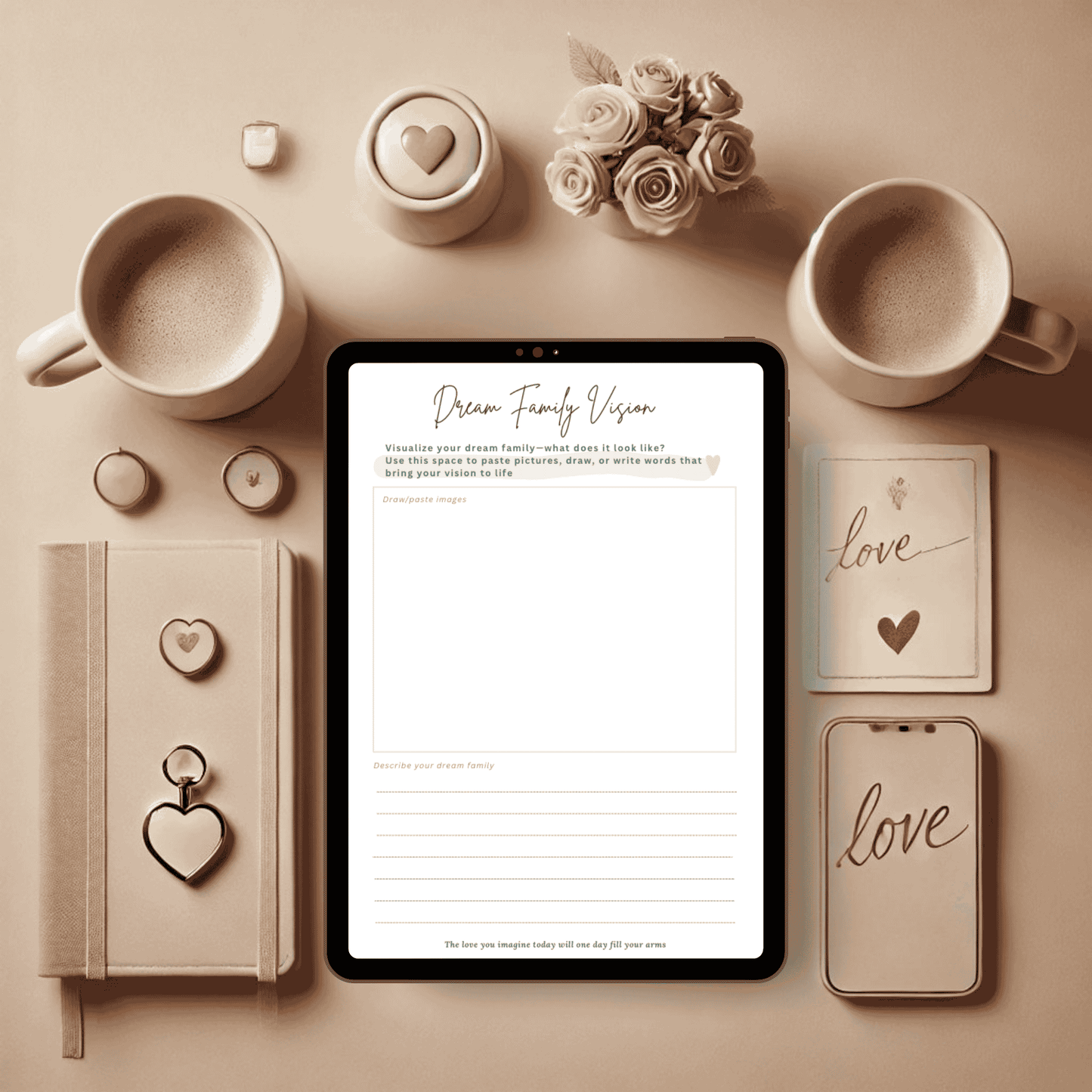 Tablet displaying the Dream Family Vision page from the Tiny Dreams TTC Planner, encouraging users to visualize their ideal family through drawings, images, or words. The setup includes a cozy arrangement with coffee mugs, a notebook, heart-shaped decor, and a bouquet of roses for an inspiring and heartfelt atmosphere.