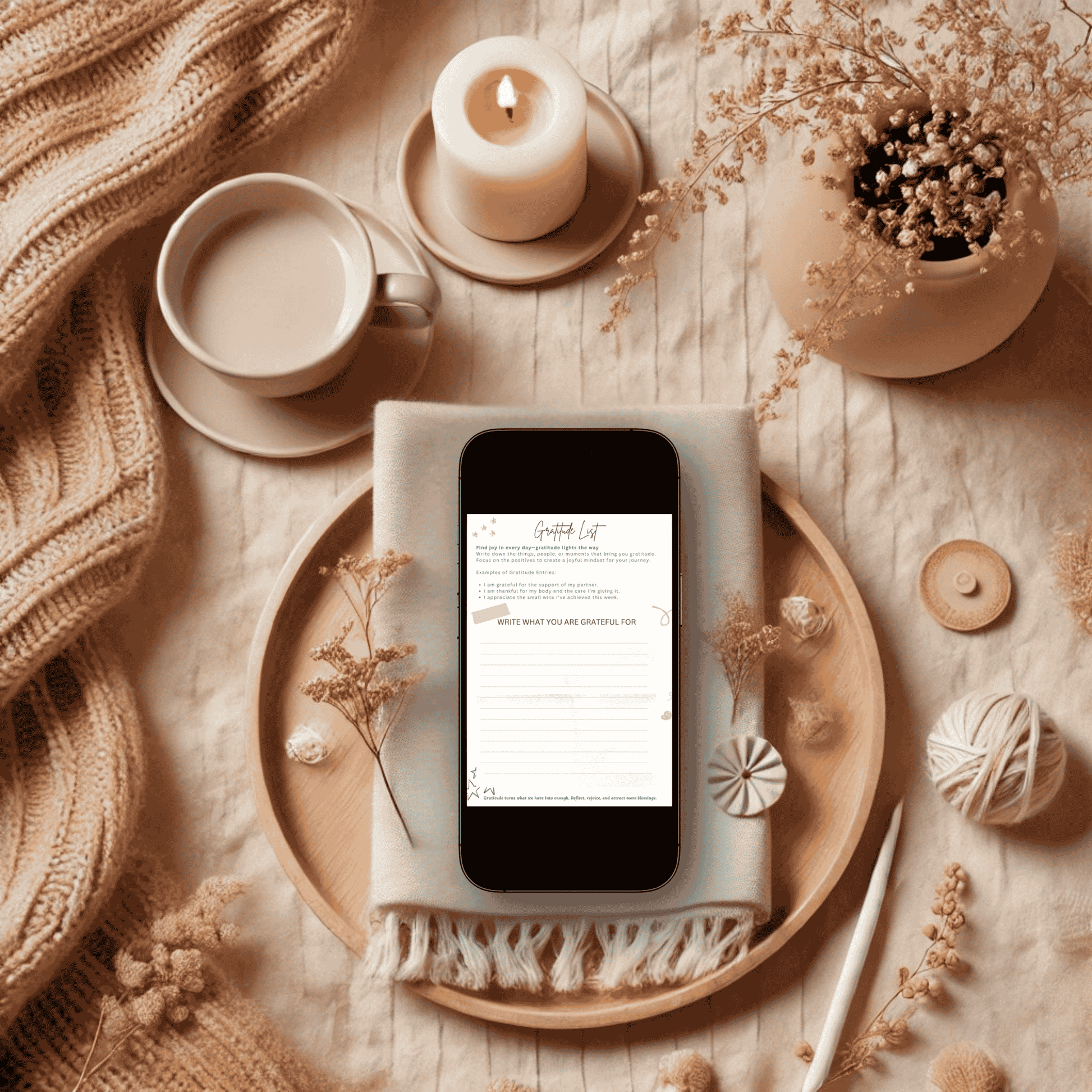 Smartphone displaying the Gratitude List page from the Tiny Dreams TTC Planner, encouraging users to reflect on things they are grateful for. The scene includes a cozy setup with a cup of coffee, candle, and soft decor, creating a warm and reflective atmosphere.