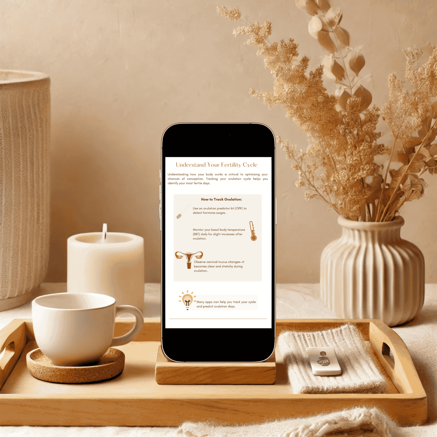 Smartphone displaying a page from The ABC’s of Pregnancy Planning ebook titled 'Understand Your Fertility Cycle,' with tips on tracking ovulation using basal body temperature, ovulation predictor kits, and cervical mucus changes, styled on a cozy wooden tray with candles and a cup.